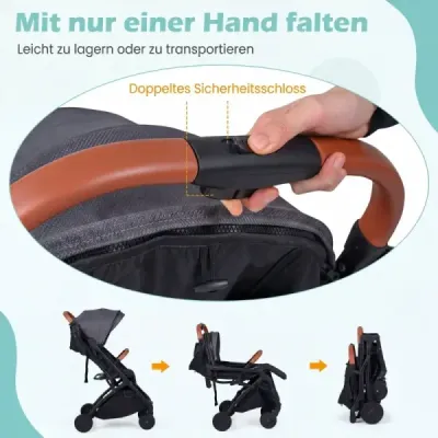Cărucior pliabil cu protecție pentru ploaie & backrest reglabile & picioare de călătorie buggy gri