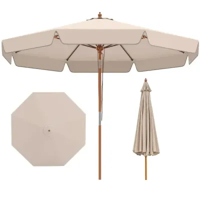 300 cm umbrelă de piață zimțat parasolar cu umbrelă de grădină mecanism neige cu băț de lemn bej