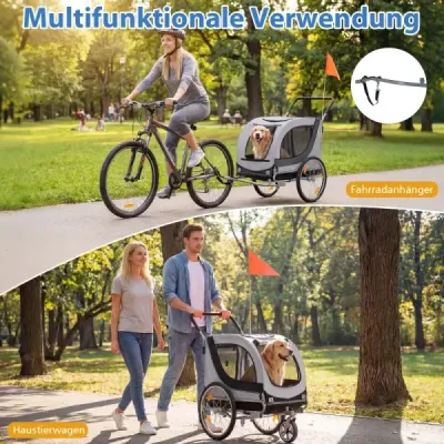 2 În 1 Dog Biciclete Trailer câine pliabil Role de direcție anvelope Reflectoare până la 80 kg alb