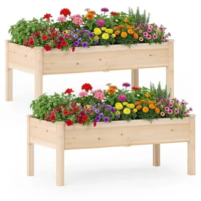 2 set lemn pat înalt cu picioare 122x62x48cm 130kg Pentru gradina Balcon Terasa Natura