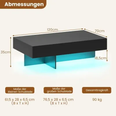 Masa de cafea LED Mare luciu 3 sertare telecomanda 120x70x35cm Alb marmură artificială Negru