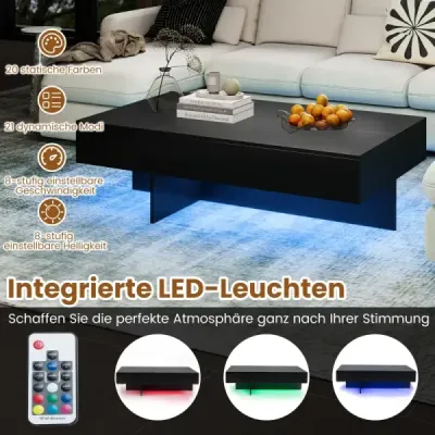 Masa de cafea LED Mare luciu 3 sertare telecomanda 120x70x35cm Alb marmură artificială Negru