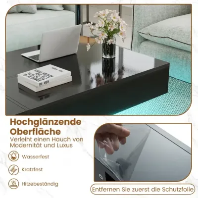 Masa de cafea LED Mare luciu 3 sertare telecomanda 120x70x35cm Alb marmură artificială Negru