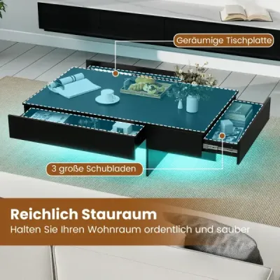 Masa de cafea LED Mare luciu 3 sertare telecomanda 120x70x35cm Alb marmură artificială Negru