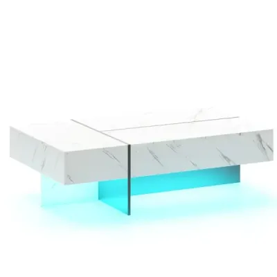 Masă de cafea LED mare Gloss 3 sertare telecomanda 120x70x35cm Living Alb & Negru