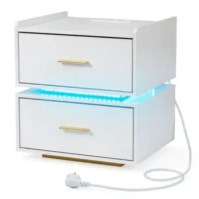 Masa de noapte cu stație de încărcare LED 2 sertare Modern semi-floating picior de metal alb
