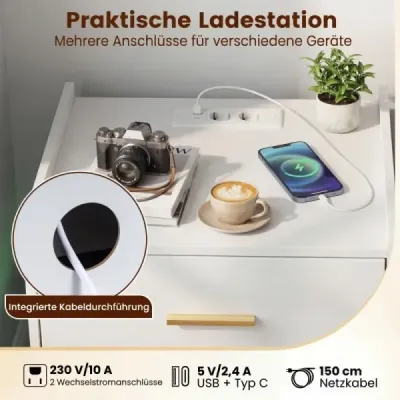 Masa de noapte cu stație de încărcare LED 2 sertare Modern semi-floating picior de metal alb