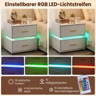 Masa de noapte cu stație de încărcare LED 2 sertare Modern semi-floating picior de metal alb