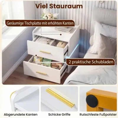 Masa de noapte cu stație de încărcare LED 2 sertare Modern semi-floating picior de metal alb