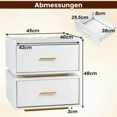 Masa de noapte cu stație de încărcare LED 2 sertare Modern semi-floating picior de metal alb