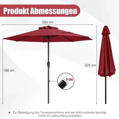 Terasa Umbrella 260 Cm Diameter Crank 8 struts acoperiș ventilat pentru grădină terasă piscină vin roșu