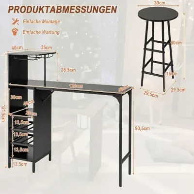Masa bar cu scaun bar Set 2 persoane Set masa bar cu raft lateral Deţinătorii de vin negru