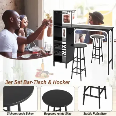 Masa bar cu scaun bar Set 2 persoane Set masa bar cu raft lateral Deţinătorii de vin negru