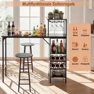 Masa bar cu scaun bar Set 2 persoane Set masa bar cu raft lateral Deţinătorii de vin negru