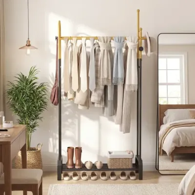 Haine rack bare duble cu 5 cârlige & raft inferior