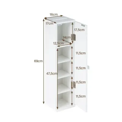 Dulap baie îngust cu 3 rafturi detașabile 16cm wide dulap WC alb