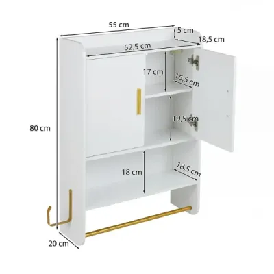 Spânzurare dulap baie 2 usi rafturi suport prosop Alb reglabil 55x20x80 cm