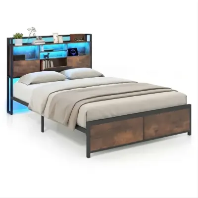 cadru mare pat cu LED-uri și stație de încărcare cu spațiu de stocare 200 x 160 cm Rustic Brown