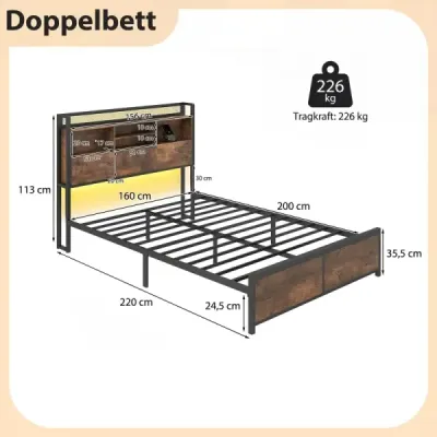 cadru mare pat cu LED-uri și stație de încărcare cu spațiu de stocare 200 x 160 cm Rustic Brown
