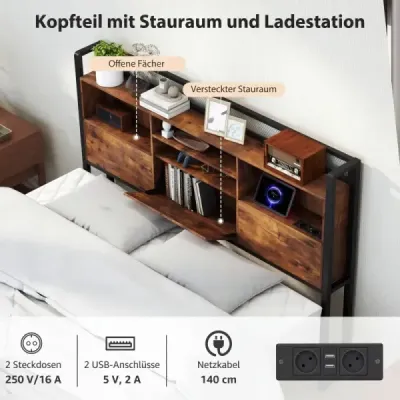 cadru mare pat cu LED-uri și stație de încărcare cu spațiu de stocare 200 x 160 cm Rustic Brown