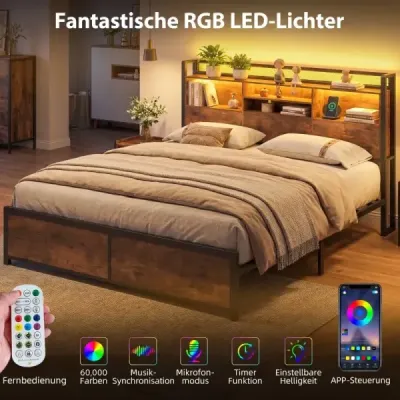 cadru mare pat cu LED-uri și stație de încărcare cu spațiu de stocare 200 x 160 cm Rustic Brown