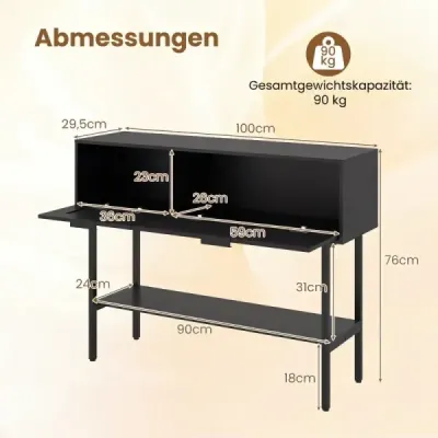 Masa consolei Boho cu 2 compartimente & raft deschis Schmaler Flurtisch Blastbar până la 90 kg Negru