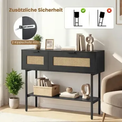 Masa consolei Boho cu 2 compartimente & raft deschis Schmaler Flurtisch Blastbar până la 90 kg Negru