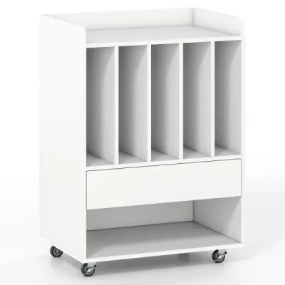 Tabel player placate cu 5 compartimente & sertar suport de stocare vinil cu role albe