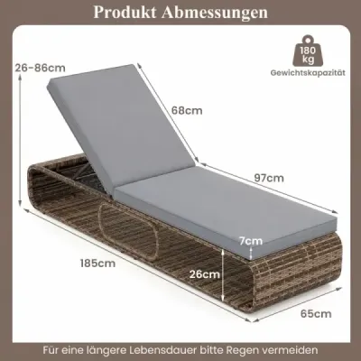 2nd set Rattan soare lounger cu suport & backrest reglabile weatherproof balcon arc gri