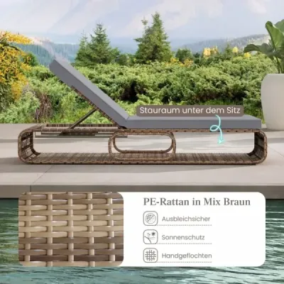 2nd set Rattan soare lounger cu suport & backrest reglabile weatherproof balcon arc gri