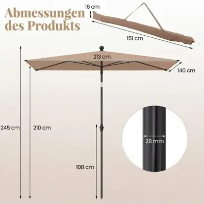 Balcon Terasa Umbrella 213x140 Cm Piata pliabil cu sac pentru Garden Pool Beach Brown