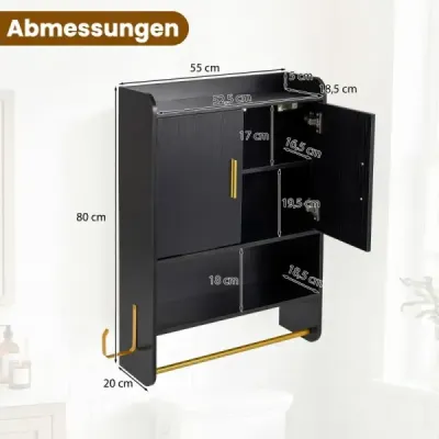 Spânzurare dulap baie 2 usi rafturi suport prosop Ajustabil 55x20x80 cm Negru