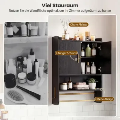 Spânzurare dulap baie 2 usi rafturi suport prosop Ajustabil 55x20x80 cm Negru