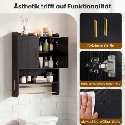Spânzurare dulap baie 2 usi rafturi suport prosop Ajustabil 55x20x80 cm Negru