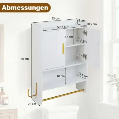 Spânzurare dulap baie 2 usi rafturi suport prosop Alb reglabil 55x20x80 cm