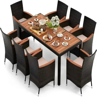 9 piese Rattan Terrace Dining Set pentru 8 persoane cu top de masă și perne detașabile