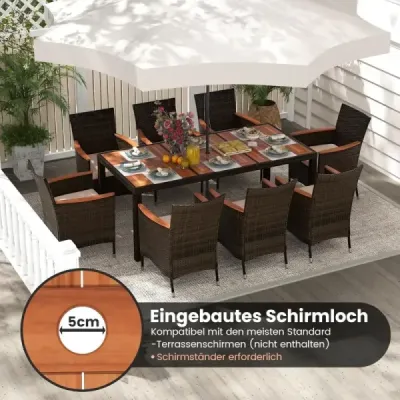 9 piese Rattan Terrace Dining Set pentru 8 persoane cu top de masă și perne detașabile