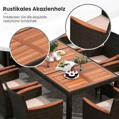 9 piese Rattan Terrace Dining Set pentru 8 persoane cu top de masă și perne detașabile