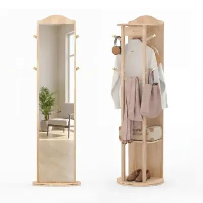 Oglindă cu corp complet cu suport de haină rotativ cu oglindă de dressing 4 cârlig natura (1 rack haine)