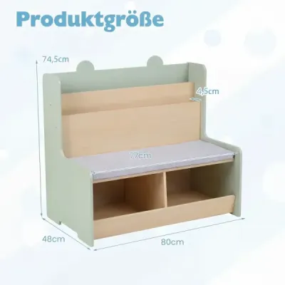 3 din 1 copii librărie cu raft pentru copii bancă cu 2 compartimente și perne căptușite Verde