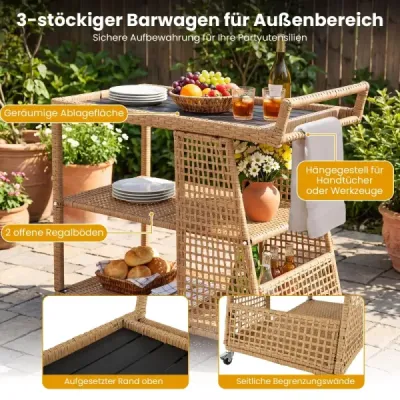 Rattan Caravan cu Rolls & Worktop & Open Storage & Side Handle Kitchen Cărucior