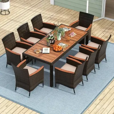 9 piese Rattan Terrace Dining Set pentru 8 persoane cu top de masă și perne detașabile