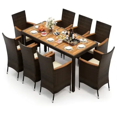 9 piese Rattan Terrace Dining Set pentru 8 persoane cu top de masă și perne detașabile