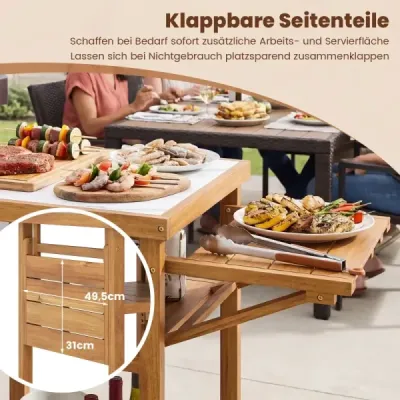 Masa de grătar cu tăvi laterale pliante & 2 etape BBQ masă din insula bucătărie acacia
