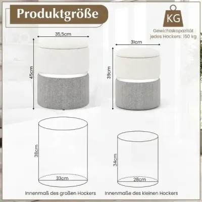 Seat Stool Otomani cu 32L + 21 L depozitare Pouf Stool rotund canapea scaun lateral Gri