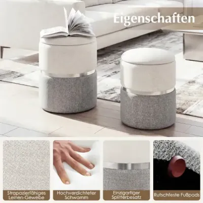 Seat Stool Otomani cu 32L + 21 L depozitare Pouf Stool rotund canapea scaun lateral Gri