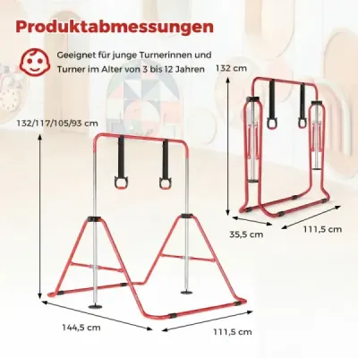Copii de gimnastică pliabil Bar cu 4 Heights reglabile & Turn Inele Reck Rod Red