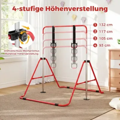 Copii de gimnastică pliabil Bar cu 4 Heights reglabile & Turn Inele Reck Rod Red