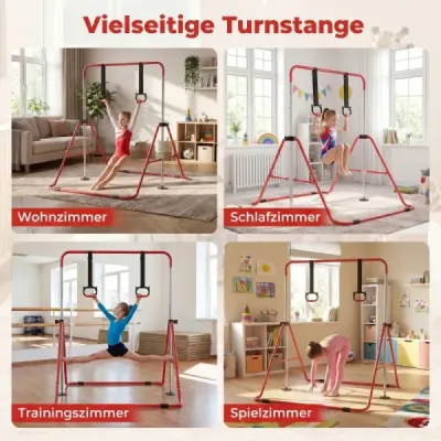 Copii de gimnastică pliabil Bar cu 4 Heights reglabile & Turn Inele Reck Rod Red