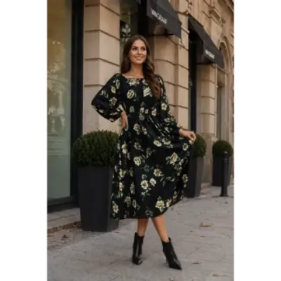 rochie de flori kimono cu clivaj rotund Ann Gissy negru / bej (XY202116)